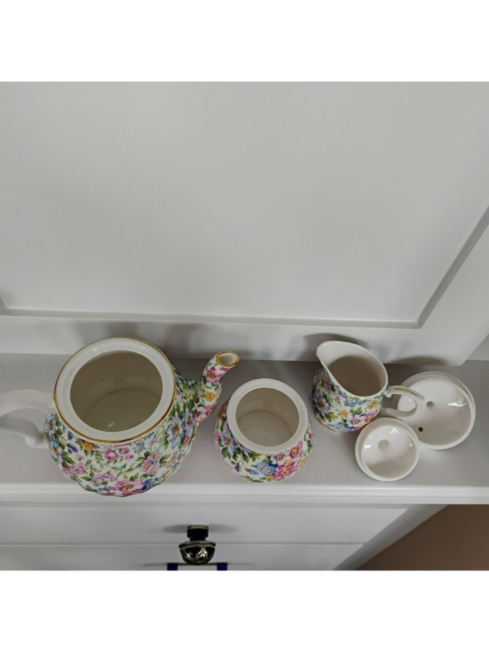 Vintage Laura Chintz Tea Set, Bone China Teapot Creamer Sugar Fine English China - Picture 3 of 10